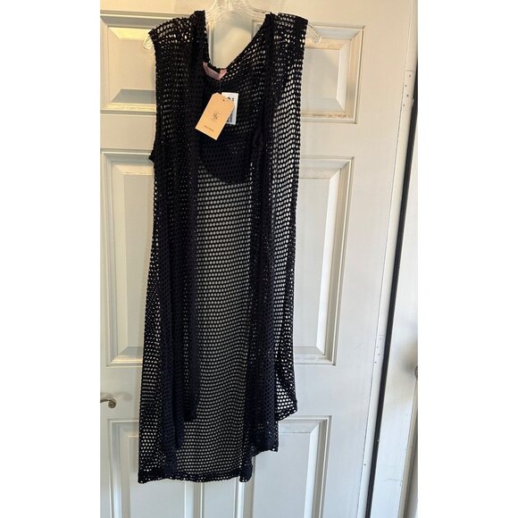 SJS hooded, women's mesh, open-front swimsuit coverup in black - Size L - Picture 2 of 10
